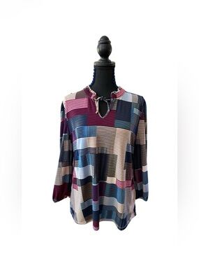 By design: Multi-Color Striped Keyhole Mandarin Collar Blouse